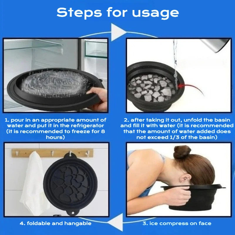Steps for usage of a black silicone ice bath and facial massage bowl