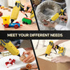 Hands are using a yellow cordless hot glue gun to attach materials, demonstrating its versatility.