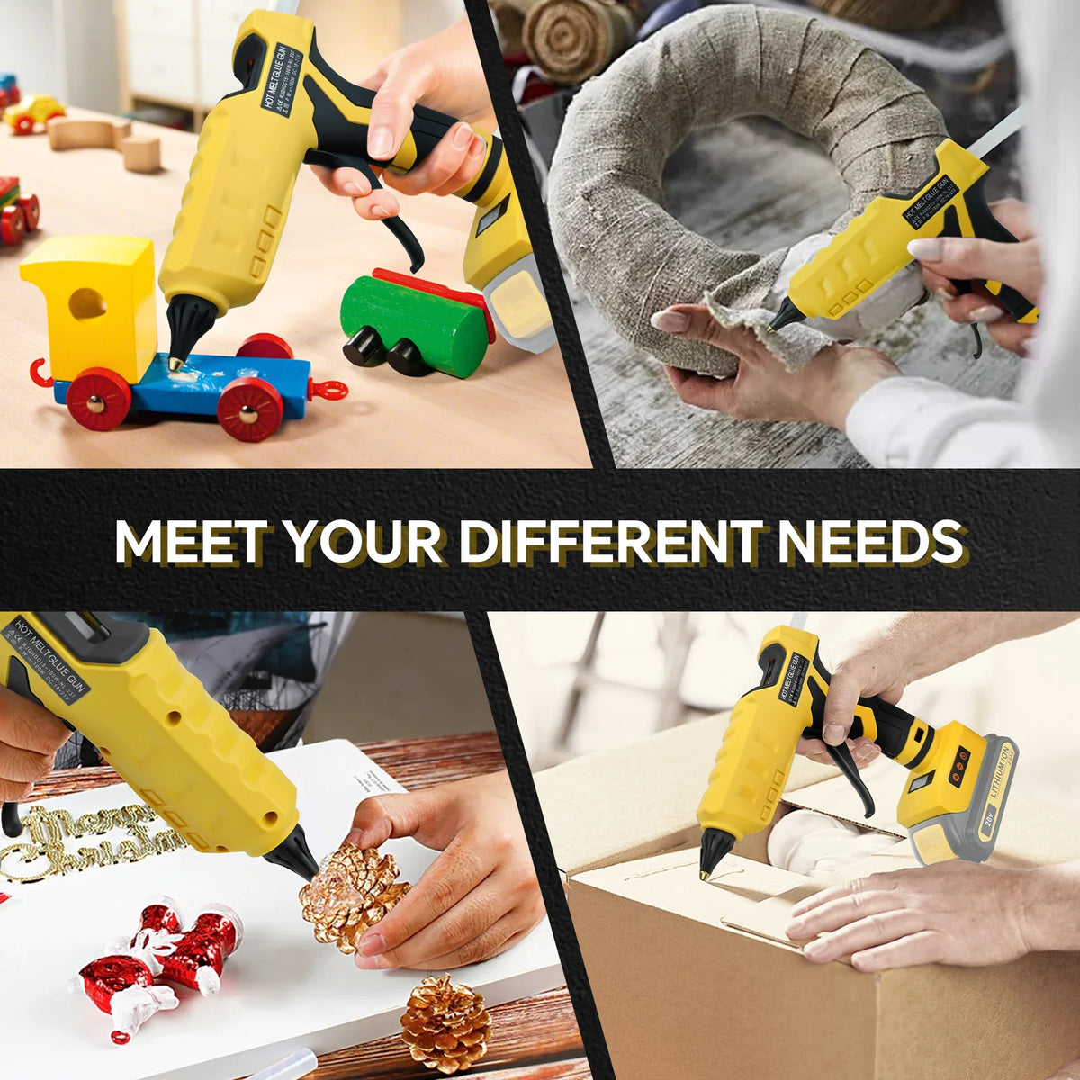 Hands are using a yellow cordless hot glue gun to attach materials, demonstrating its versatility.