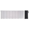A set of twelve white portable aluminum alloy windshield panels and a black storage bag for camping stoves.