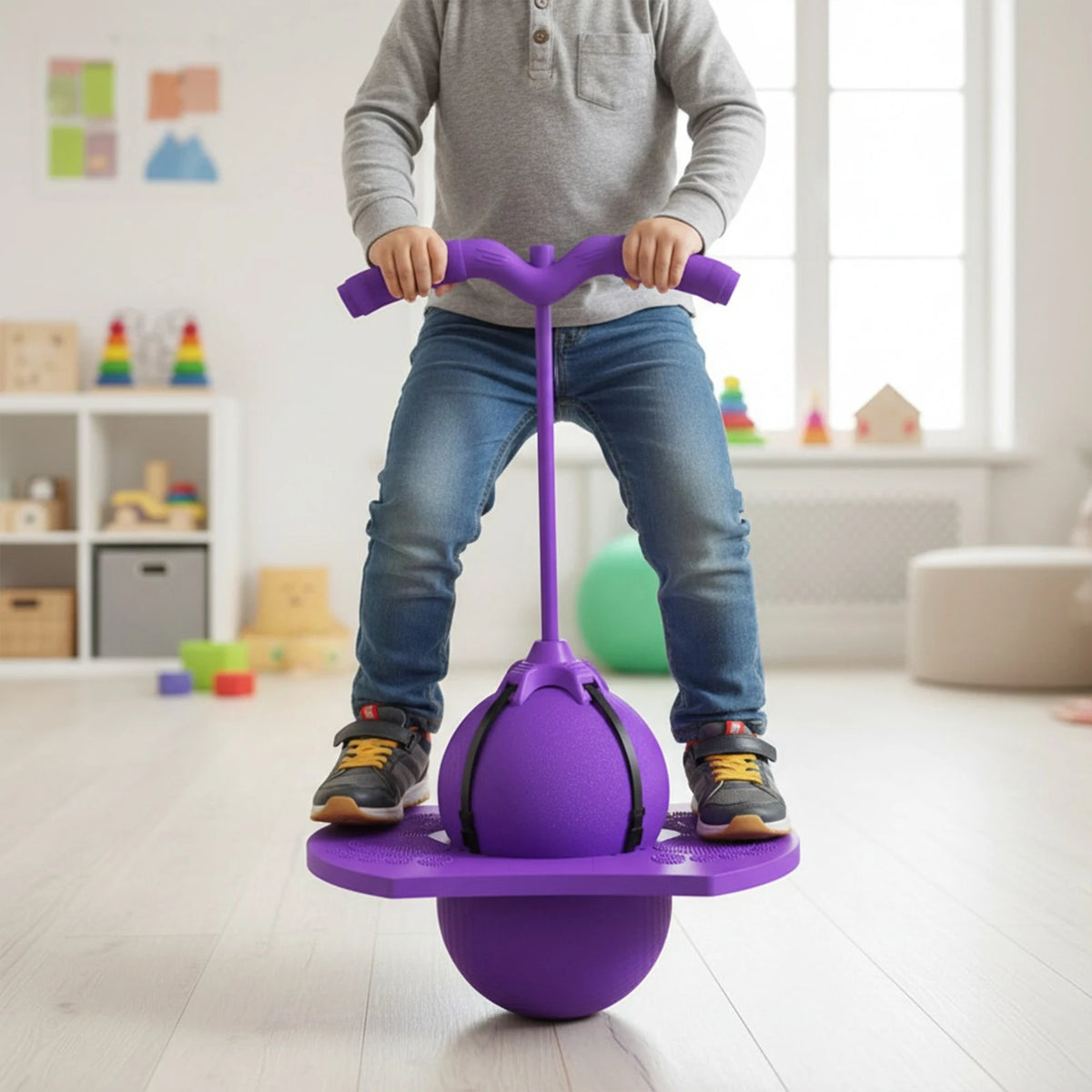 Une personne tient une balle de pogo violette avec une poignée, debout sur l'appareil à l'intérieur.