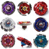 A collection of various red, purple, and blue alloy battle spinning tops.