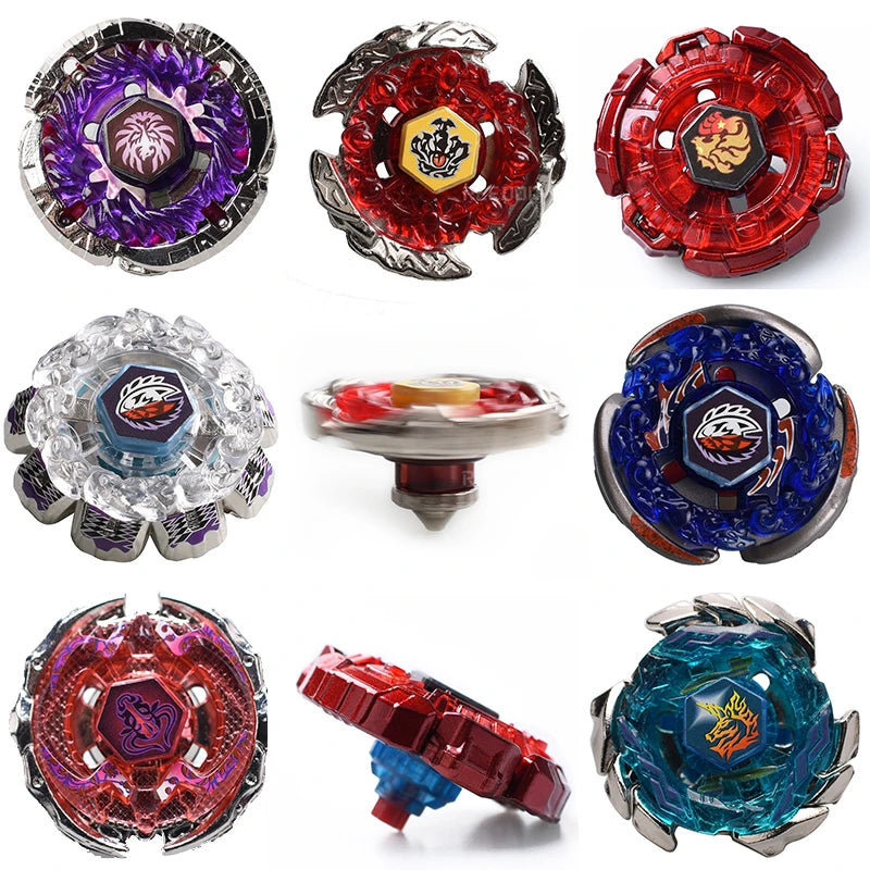 A collection of various red, purple, and blue alloy battle spinning tops.