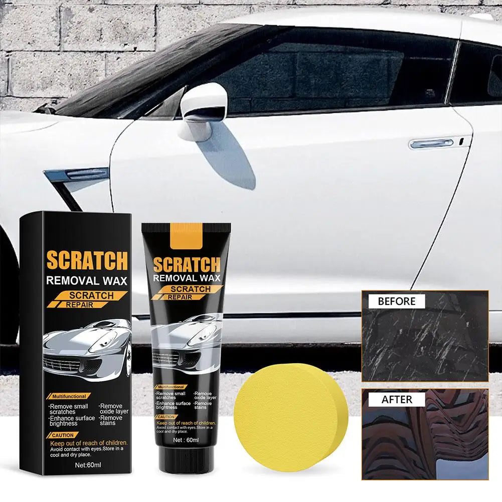 A tube of Scratch Repair wax product next to a white car, showing before and after results on the paint.