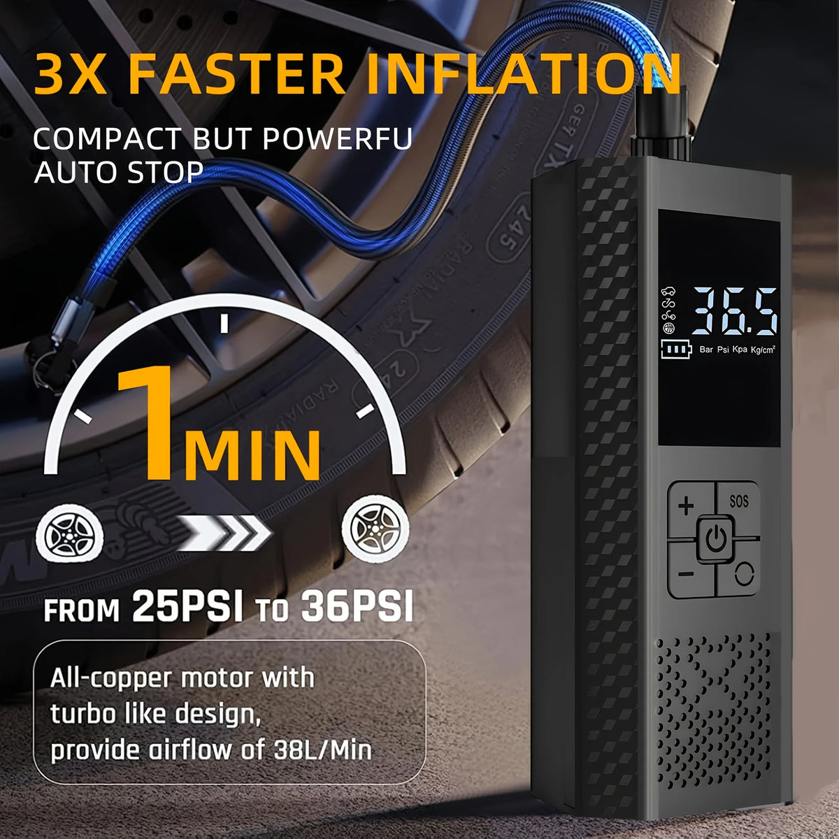 Portables elektrische Reifenpumpe neben einem Reifen, die Fähigkeit zeigt, Reifen von 25 PSI auf 36 zu aufpumpen