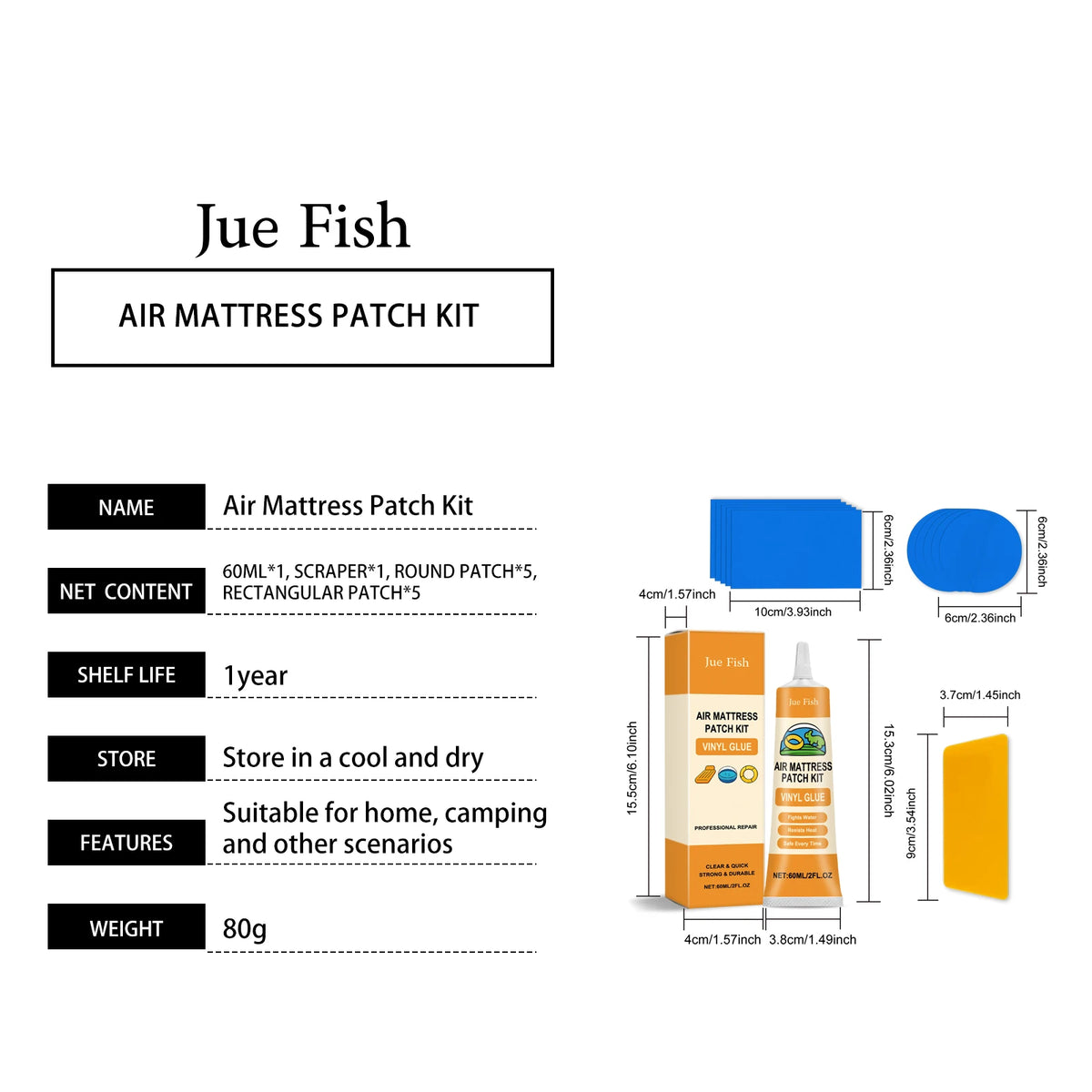 Air Mattress Patch Kit showing a yellow patch kit and an orange box with instructions.