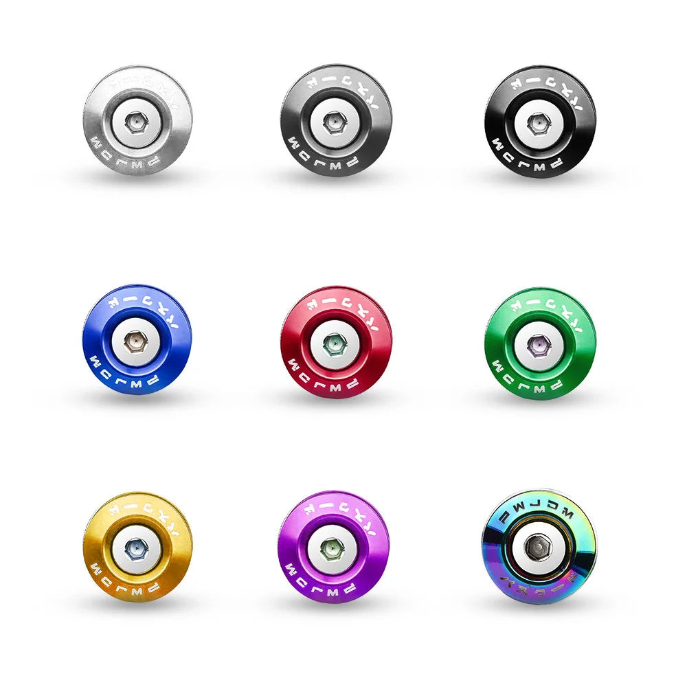 A set of aluminum quick release bumper fasteners in various colors including silver, black, blue, red, green, gold, and purpl