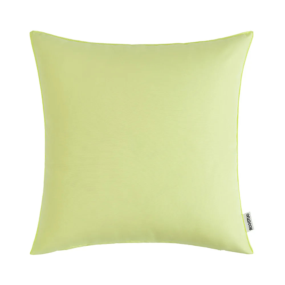 A square, lime green linen-textured cushion cover for an outdoor pillow.
