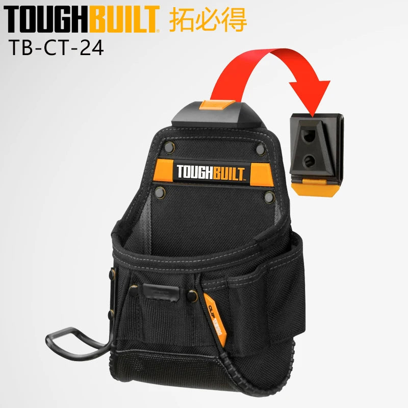 A black ToughBuilt TB-CT-24 electrician tool pouch with an orange belt clip and kickstand visible.