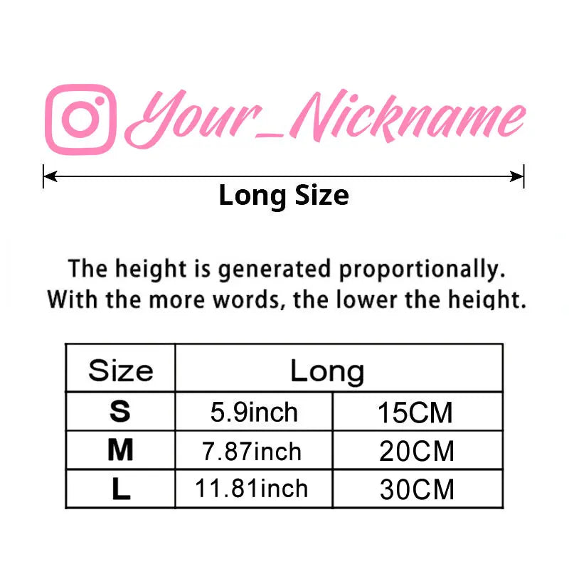 A chart showing the height proportions of a custom name motorcycle helmet decal sticker in sizes S, M, and L with correspondi