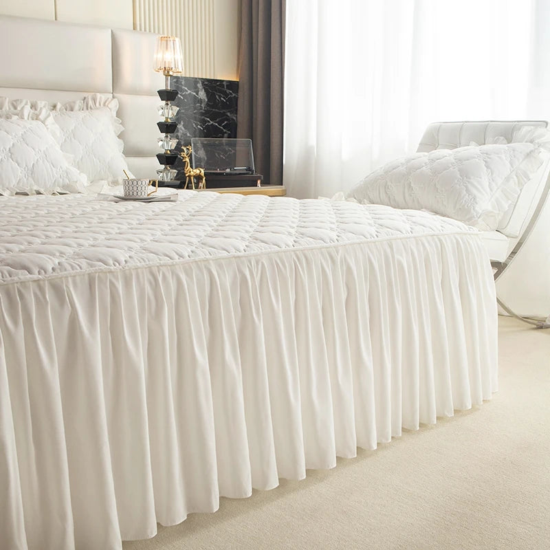 Quilted Solid Color Bed Skirt with Pleated Ruffle