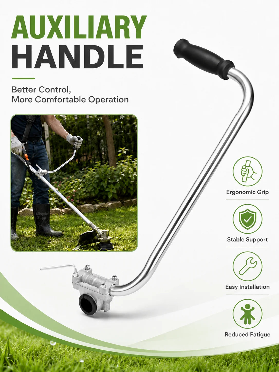 A silver auxiliary handle with a black grip is shown, designed for better control and comfortable operation on trimmers.