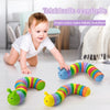 Brightly colored articulated fidget slug toy for babies and sensory play