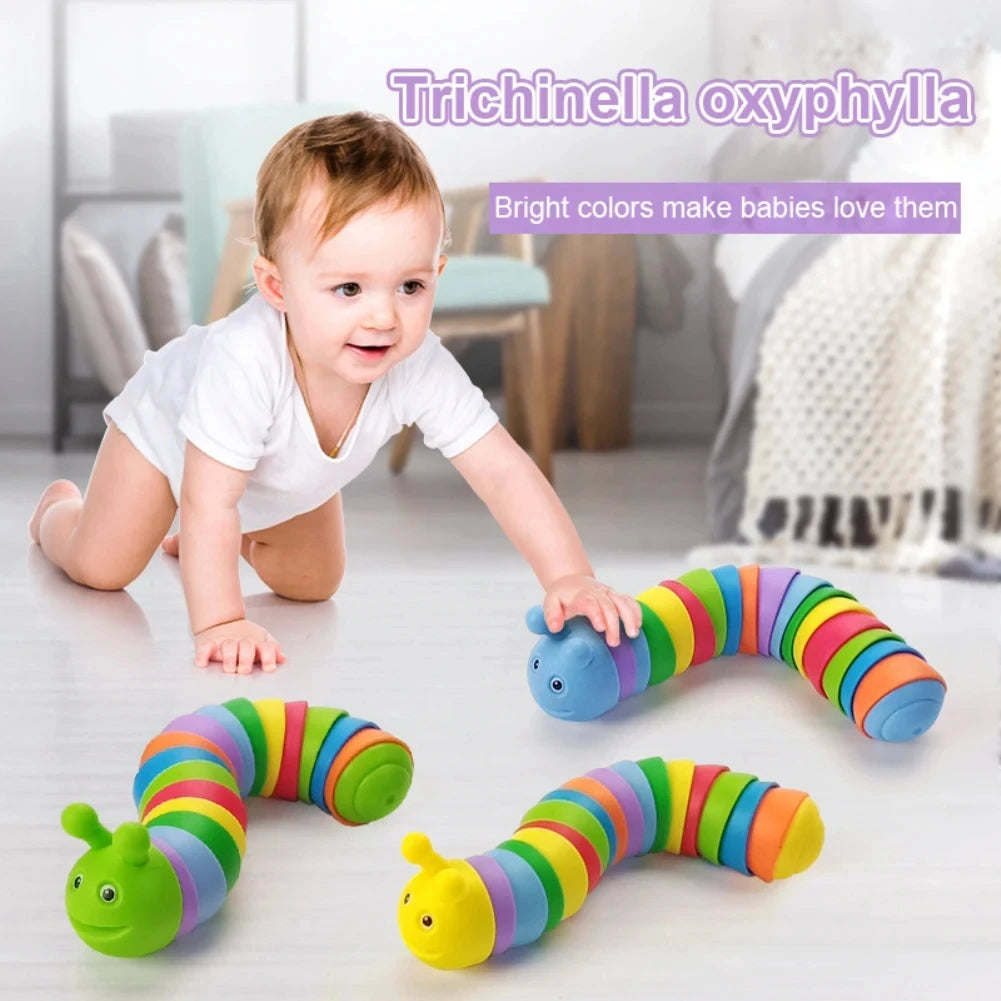 Brightly colored articulated fidget slug toy for babies and sensory play