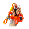 A hand holds an orange fitness keychain with a silver clasp and a yellow cord.