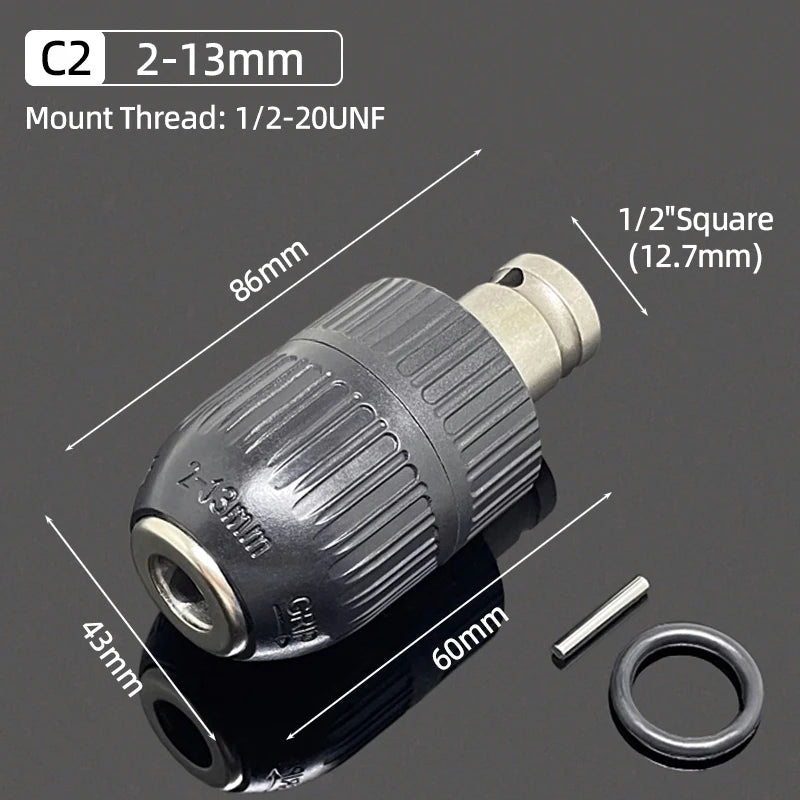 A close-up view of a C2 mount drill chuck with a 2-13mm shank and a 1/2" square adapter.