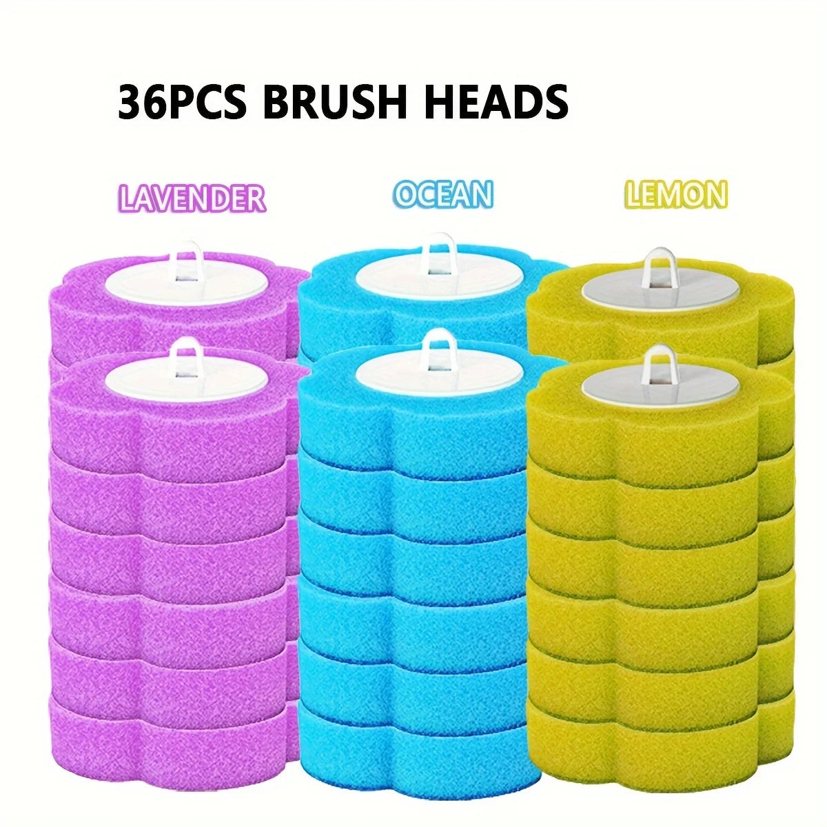 A set of 36 disposable toilet brush heads in lavender, ocean blue, and lemon yellow colors.