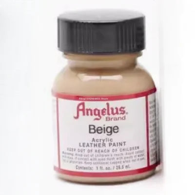 A small glass jar of Angelus Brand Beige acrylic leather paint for DIY projects.