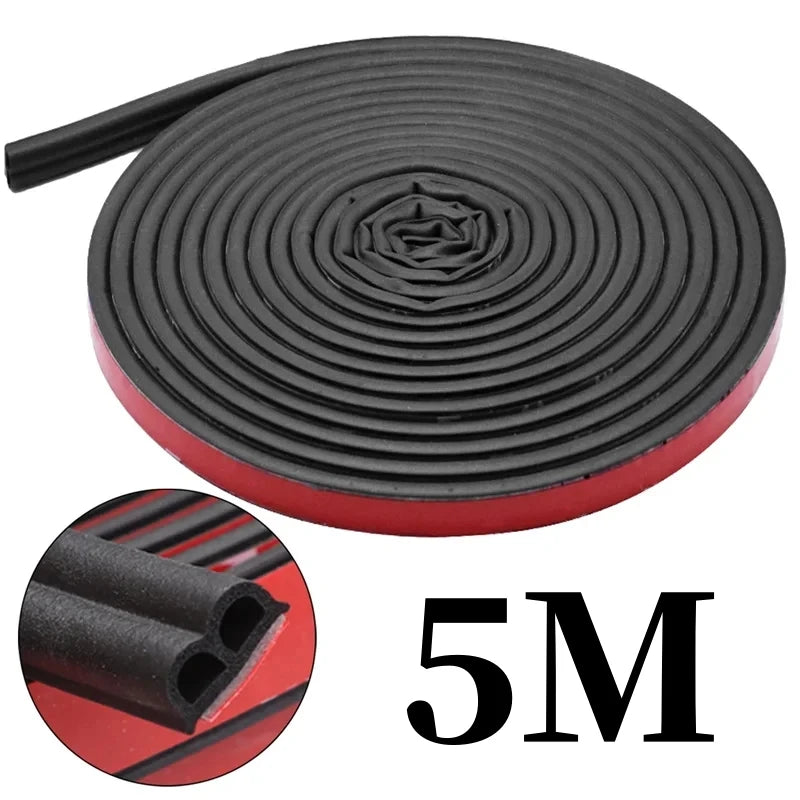 A roll of black rubber door seal strip with a red rim and a cross-section view of the flexible weatherproofing material.