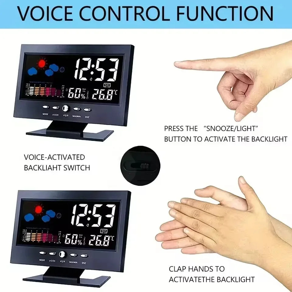 Demonstration of voice control function for a digital weather station clock with temperature and humidity display.