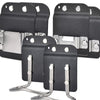 A set of black clip-on tool belt holsters with silver hardware for securing drills and power tools.