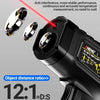 Close-up of a black infrared thermometer with a red laser beam targeting a surface, demonstrating spot sensing accuracy.