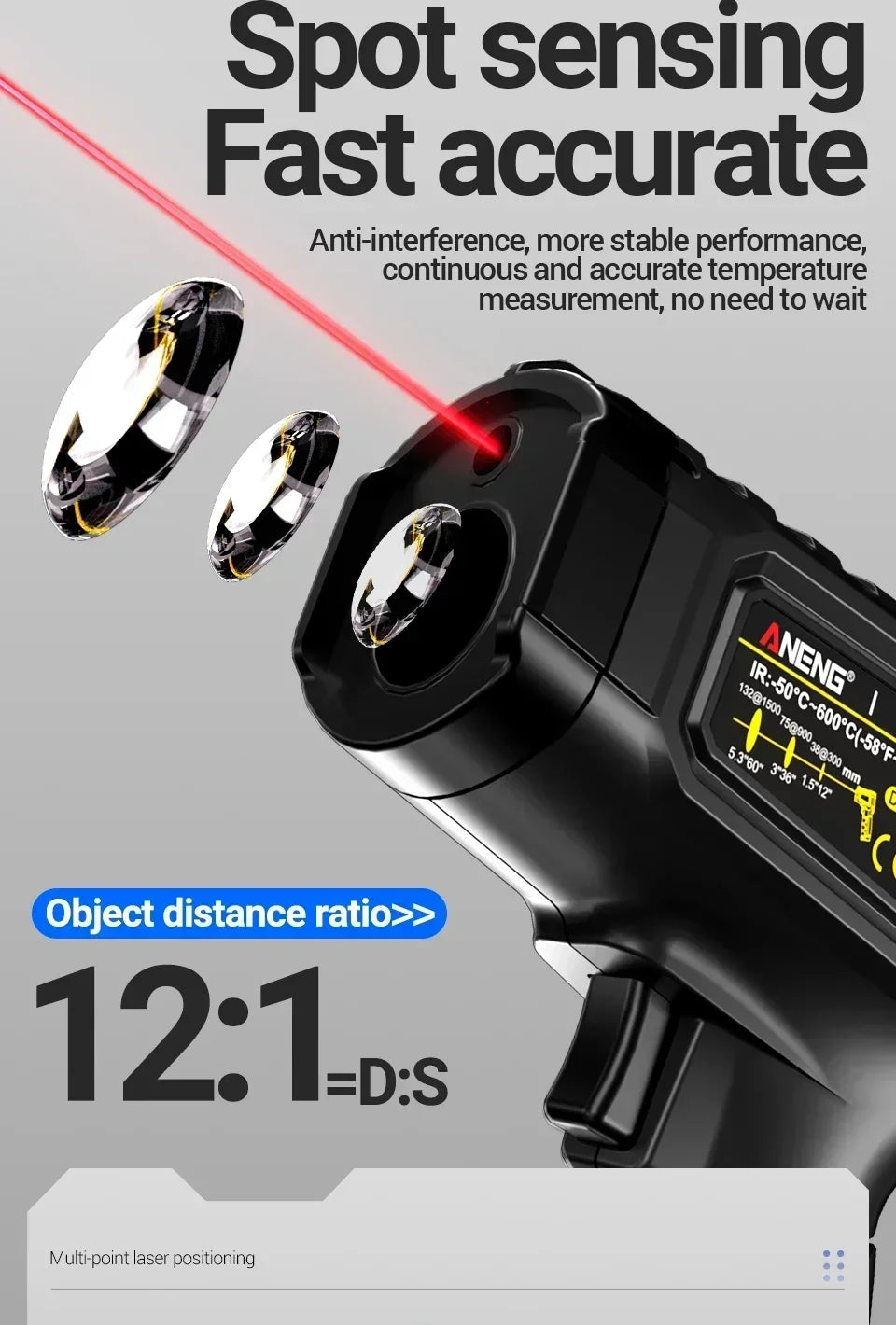 Close-up of a black infrared thermometer with a red laser beam targeting a surface, demonstrating spot sensing accuracy.
