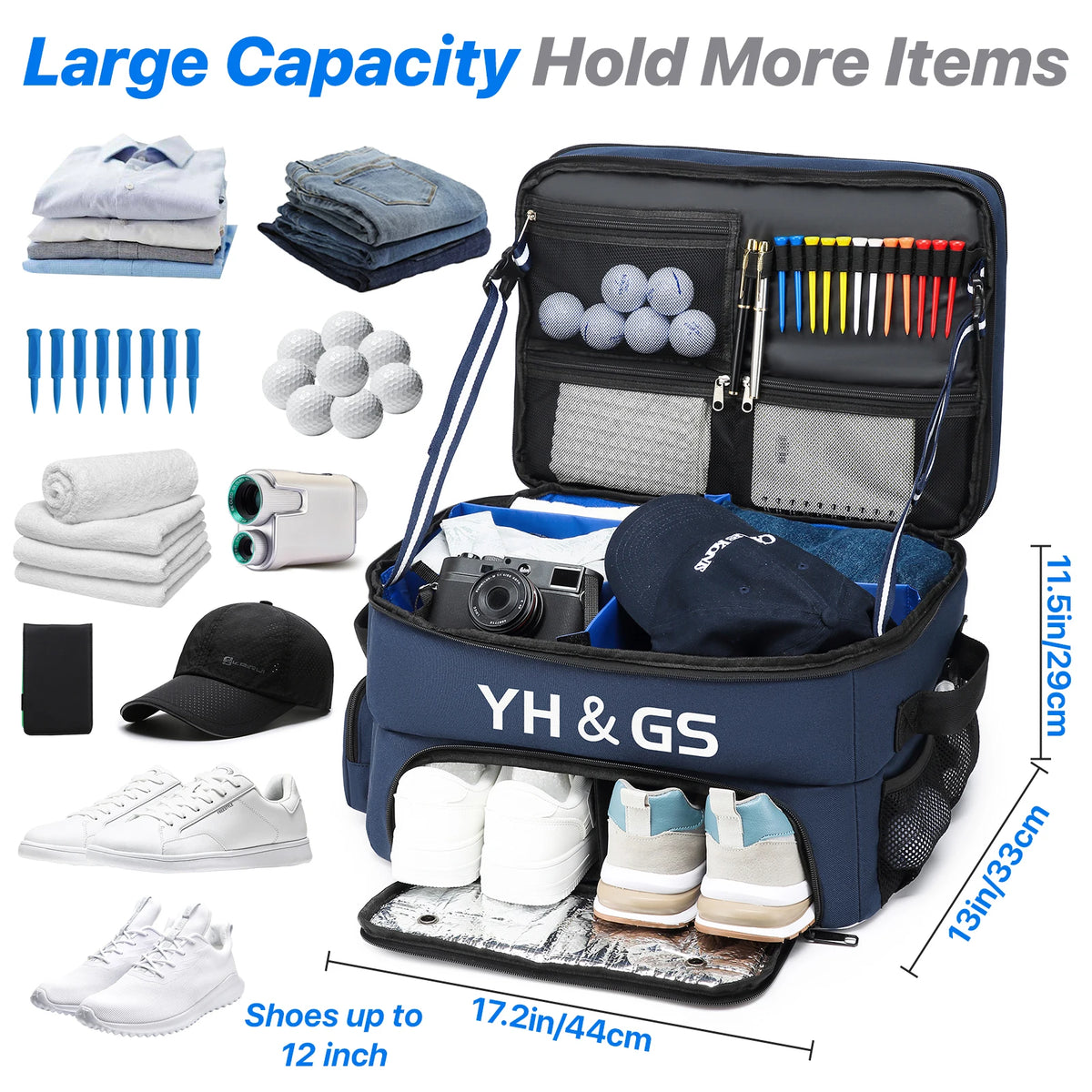 A navy blue golf trunk organizer with multiple compartments for items and a shoe compartment.