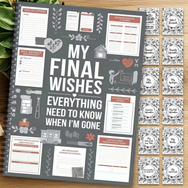 A spiral-bound planner titled My Final Wishes with various sections for end-of-life planning and documentation.