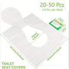 White disposable toilet seat covers packaged in packs of 10, showing the size and fit for a toilet seat.