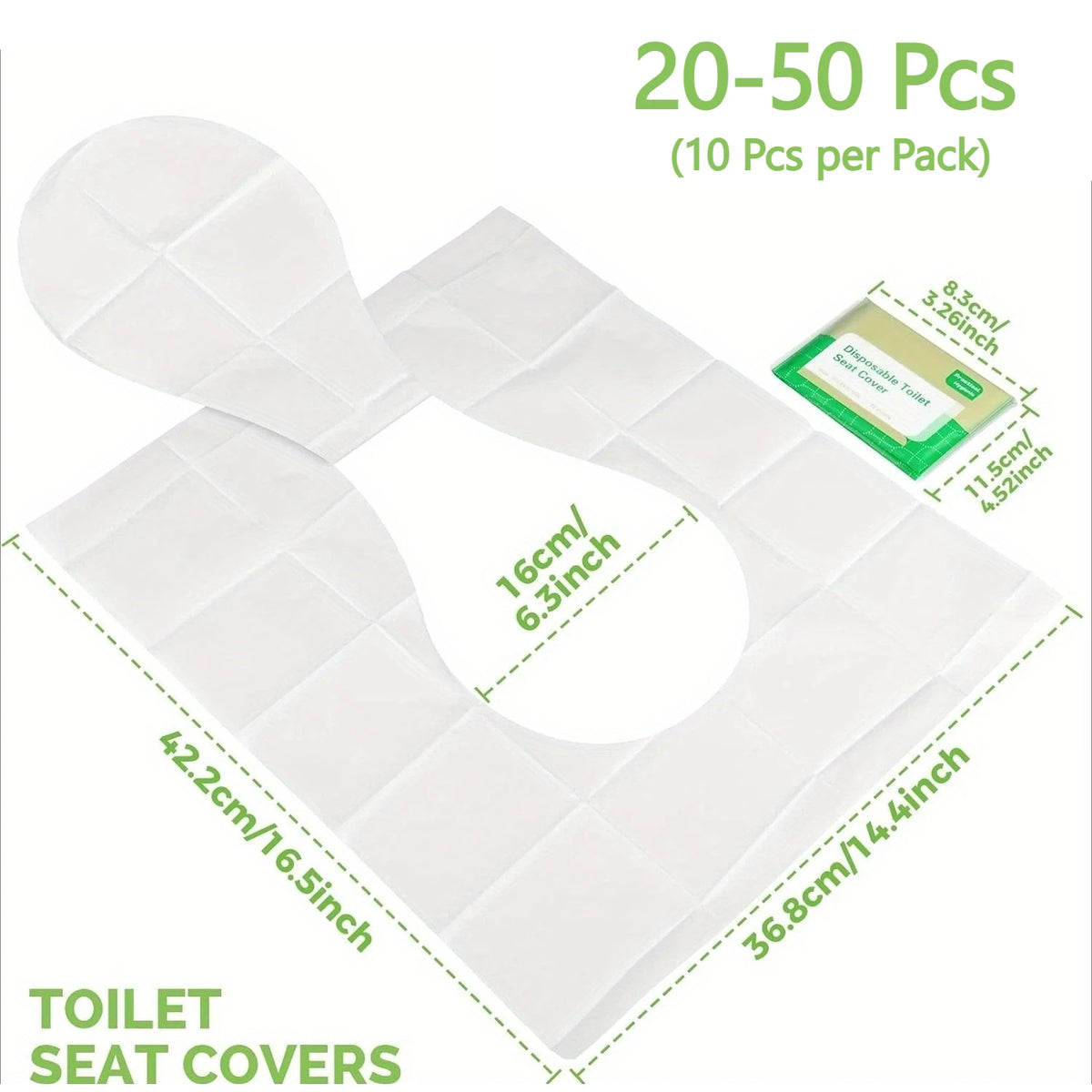 White disposable toilet seat covers packaged in packs of 10, showing the size and fit for a toilet seat.