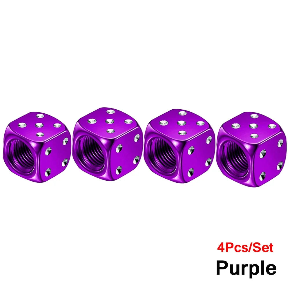 Set of four purple aluminum alloy dice design tire valve caps