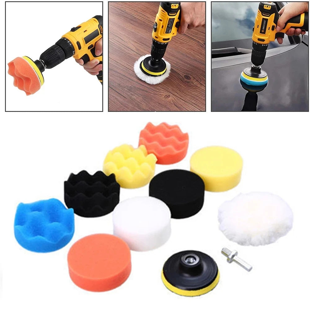 A set of various colored polishing pads and tools for car detailing, including foam pads and a polishing attachment.