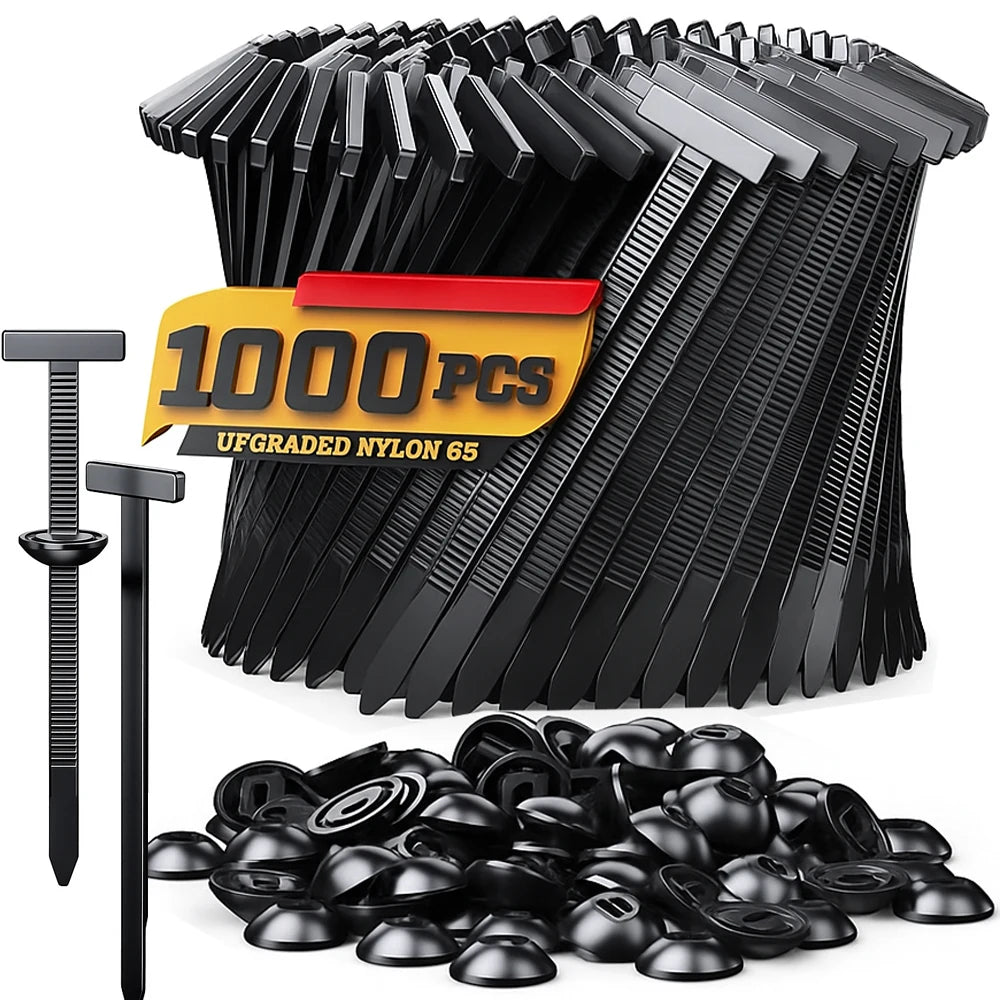 A pile of black self-locking nylon cable tie buckles and a single metal pin are shown.