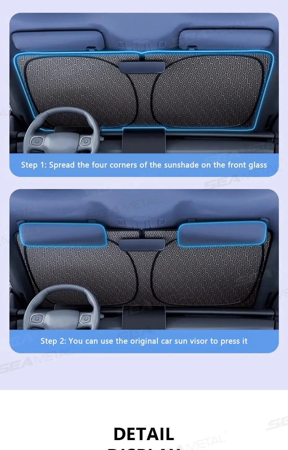 Instructions showing how to spread the corners of a sunshade on the front glass using an original car sun visor