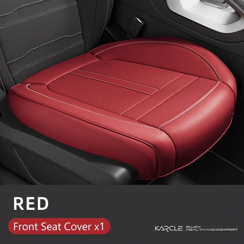 A red front seat cover for a car seat, showing the texture and fit of the protector.