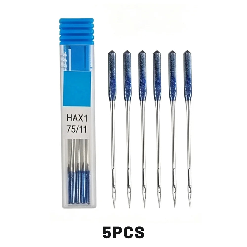 A pack of five blue anti-skip sewing machine needles in a clear plastic container.