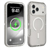 Clear silicone phone case with a magnetic bumper and kickstand shown on a smartphone.