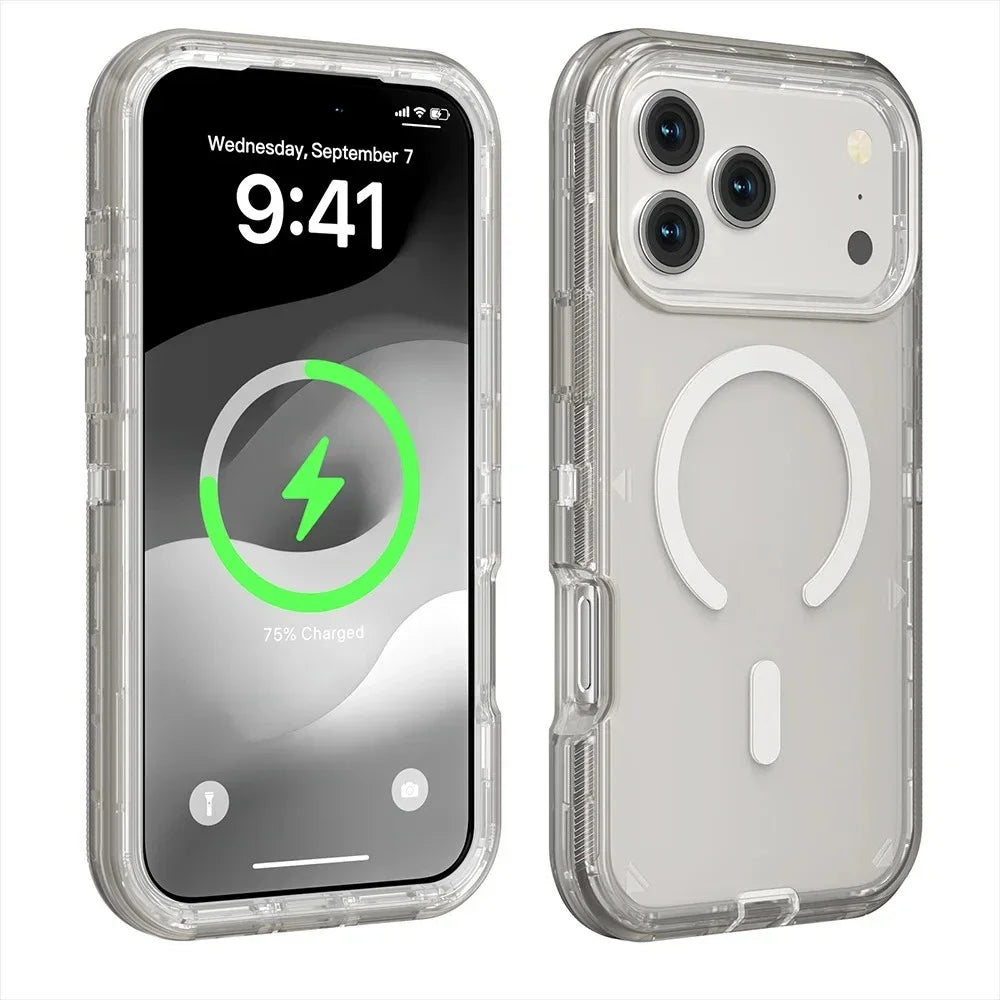 Clear silicone phone case with a magnetic bumper and kickstand shown on a smartphone.