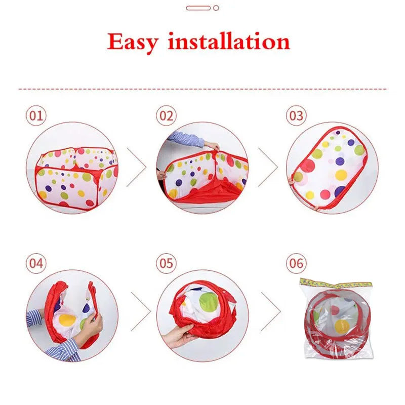 Six steps showing the easy installation of a foldable kids play tent with a ball pool pit.