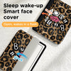 A leopard print face cover for an iPad, showing the open and closed states with a flash wake-up feature.