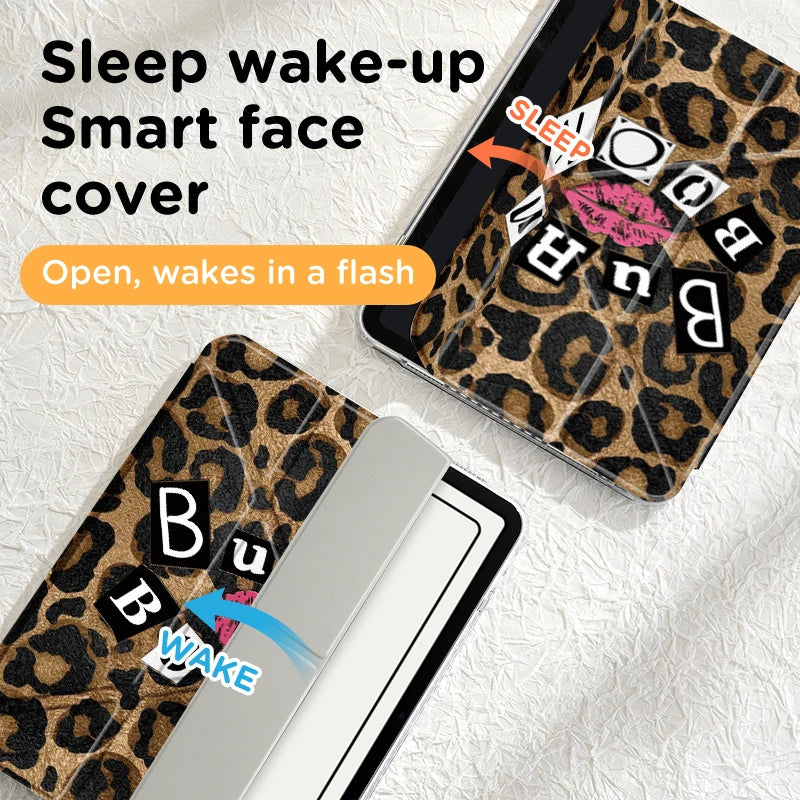 A leopard print face cover for an iPad, showing the open and closed states with a flash wake-up feature.