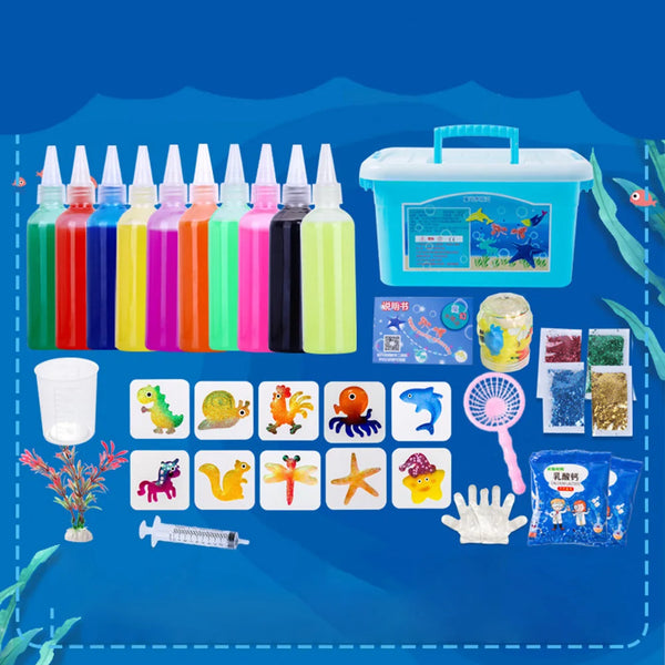 Kit de bricolage pour enfants avec différentes bouteilles, outils et éléments décoratifs.