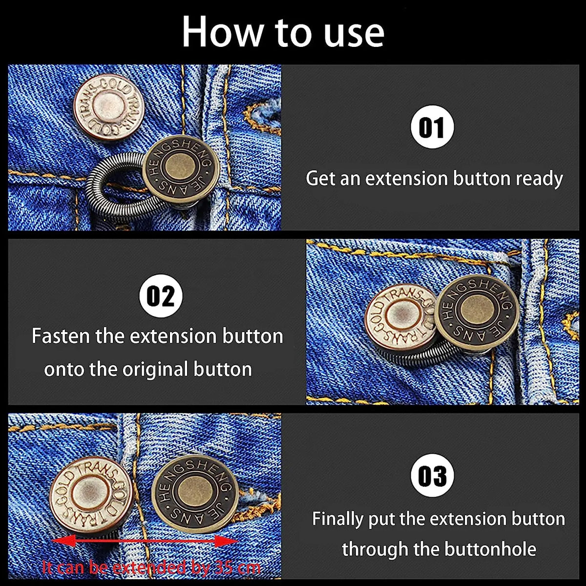 Instructions showing how to fasten an extension button onto an original button on denim fabric.