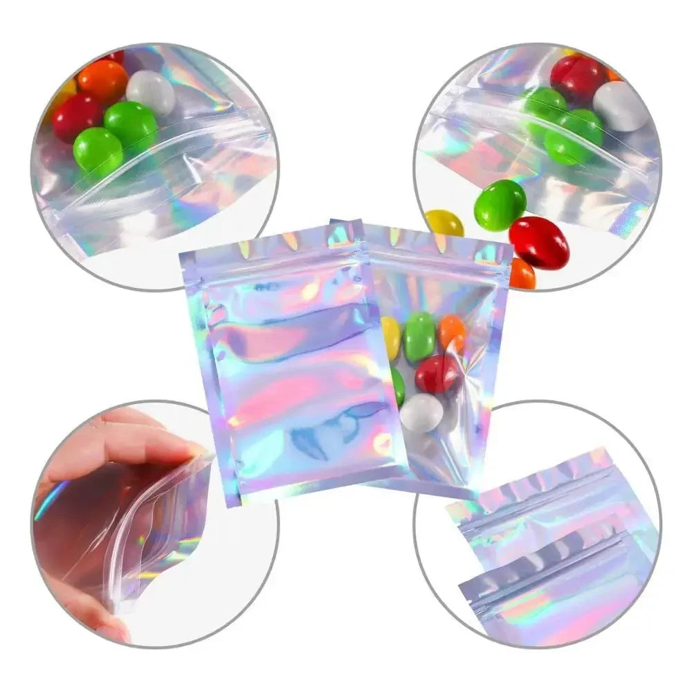 A collection of holographic rainbow self-sealing bags with clear windows displayed in various angles.