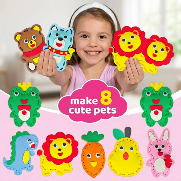 A smiling girl holds eight colorful, cute animal figures made from EVA foam.