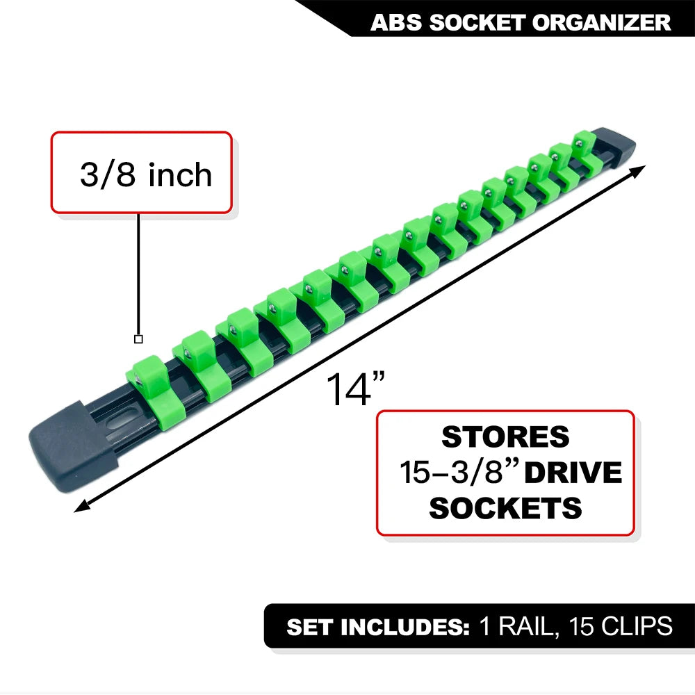 ABS socket organizer rail with a 3/8 inch length and 15 clips for storing drive sockets