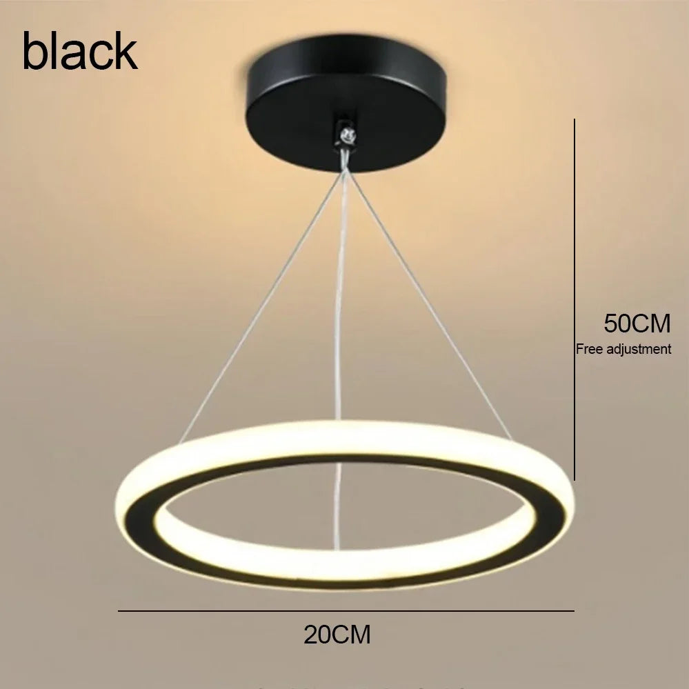 A black modern LED ceiling light with a circular ring design is shown hanging from the ceiling.
