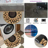 A semi-circle doormat with a tribal boho pattern featuring gold and black accents, shown in various contexts.