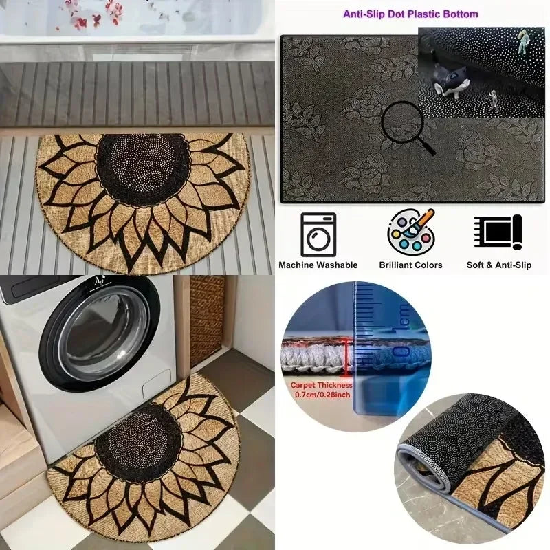 A semi-circle doormat with a tribal boho pattern featuring gold and black accents, shown in various contexts.